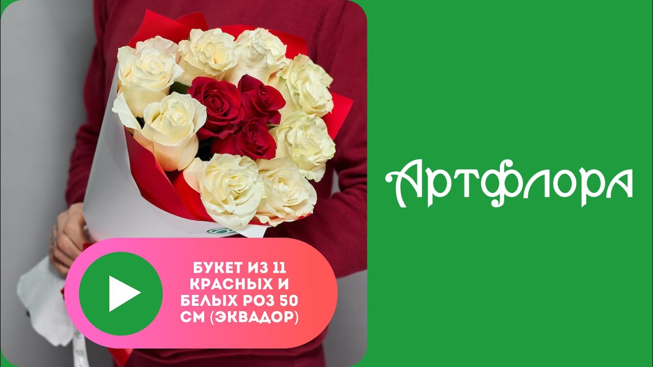 Embedded thumbnail for Букет из 11 красных и белых роз 50 см (Эквадор) в корейской упаковке